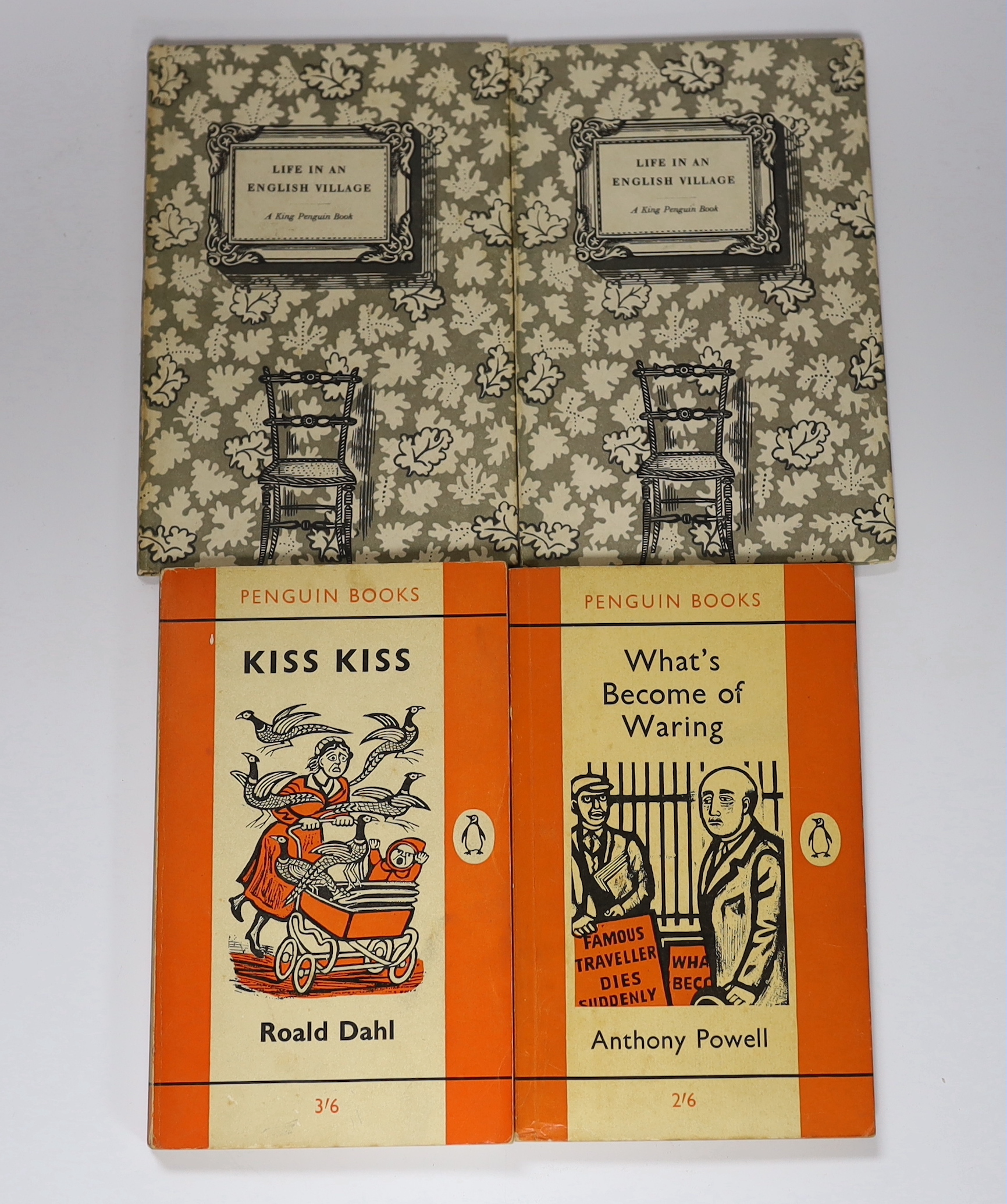 Bawden, Edward (illustrator), Carrington, Noel - Life in an English Village, with 16 lithographs, Penguin Books, 1949, (2 copies); Dahl, Roald- Kiss Kiss, 1962 and Powell, Anthony - What’s Become of Waring, both Penguin